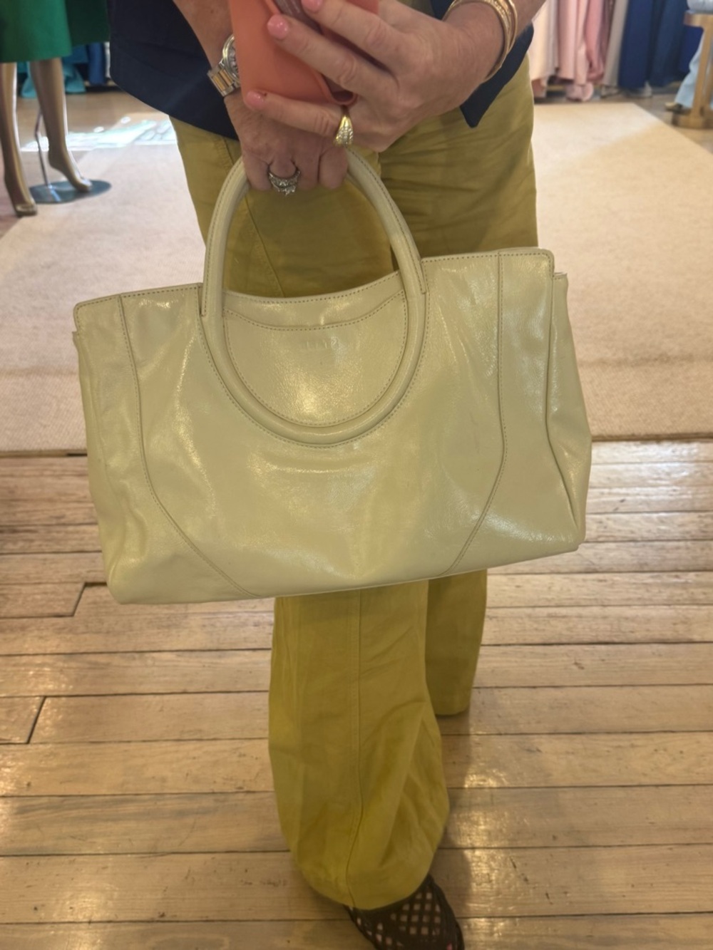 Cream Leather Top-Handle Tote Bag